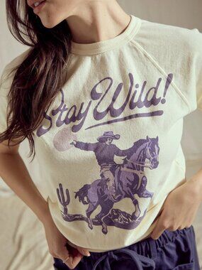People of Leisure Stay Wild Raglan Tee Cream Graphic Cowboy Tee Size Small NWT